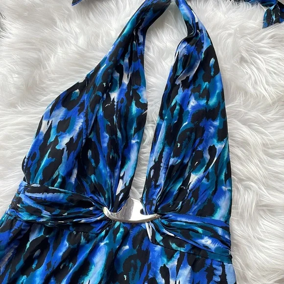 Bebe Blue Turquoise Leopard Halter Mini Dress. Zip up back. Size small - Picture 3 of 8